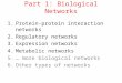 Part 1: Biological Networks 1.Protein-protein interaction networks 2.Regulatory networks 3.Expression networks 4.Metabolic networks 5.… more biological