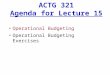 Operational Budgeting Operational Budgeting Exercises ACTG 321 Agenda for Lecture 15