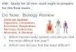 Do Now: Biology Review 1.Which human body system unit did you find the most difficult this year? 2.Which one did you find the least difficult? HW: Study