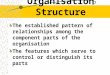 Organisation Structure The established pattern of relationships among the component parts of the organisation The features which serve to control or distinguish