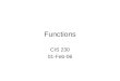 Functions CIS 230 01-Feb-06. Summary Slide Using Functions Mathematical Functions Misc. Functions Naming Conventions Writing Functions –Function Prototype