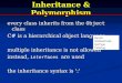 Inheritance & Polymorphism every class inherits from the Object class C# is a hierarchical object language multiple inheritance is not allowed instead,