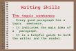 Writing Skills The topic sentence - Every good paragraph has a topic sentence. - It indicates the main idea of a paragraph. - It is a helpful guide to
