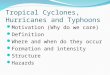 Tropical Cyclones, Hurricanes and Typhoons Motivation (Why do we care) Definition Where and when do they occur Formation and intensity Structure Hazards