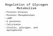 Regulation of Glycogen Metabolism Protein Kinases Protein Phosphatases cAMP G proteins Calcitonin Insulin, glucagon, and epinephrine