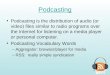 Podcasting Podcasting is the distribution of audio (or video) files similar to radio programs over the Internet for listening on a media player or personal