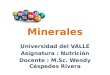 Minerales Universidad del VALLE Asignatura : Nutrición Docente : M.Sc. Wendy Céspedes Rivera