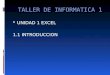 TALLER DE INFORMATICA 1  UNIDAD 1 EXCEL 1.1 INTRODUCCION