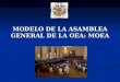 MODELO DE LA ASAMBLEA GENERAL DE LA OEA: MOEA. OBJETIVOS Simulación del proceso deliberativo de las reuniones de la AG/OEA Promover el conocimiento de