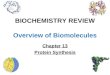 BIOCHEMISTRY REVIEW Overview of Biomolecules Chapter 13 Protein Synthesis