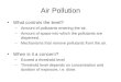 Air Pollution What controls the level? –Amount of pollutants entering the air. –Amount of space into which the pollutants are dispersed. –Mechanisms that