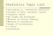 Statistics Topic List Descriptive vs. Inferential Statistics Concepts of Data, Variables, Scales Frequency Tables Bar Graphs and Histograms Measures of