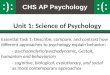CHS AP Psychology Unit 1: Science of Psychology Essential Task 1: Describe, compare, and contrast how different approaches to psychology explain behavior: