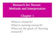 Research for Nurses: Methods and Interpretation Chapter 1 What is research? What is nursing research? What are the goals of Nursing research?