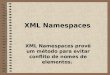 XML Namespaces XML Namespaces provê um método para evitar conflito de nomes de elementos