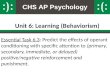 CHS AP Psychology Unit 6: Learning (Behaviorism) Essential Task 6.3: Predict the effects of operant conditioning with specific attention to (primary, secondary,