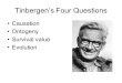Tinbergen’s Four Questions Causation Ontogeny Survival value Evolution