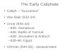 The Early Caliphate Caliph – “Successor” Abu Bakr (632-34) Umar (634-44) –635: Damascus –636: Battle of Yarmuk –638: Jerusalem & Antioch –639-46: Egypt