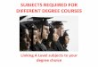 SUBJECTS REQUIRED FOR DIFFERENT DEGREE · PDF fileSUBJECTS REQUIRED FOR DIFFERENT DEGREE COURSES ... Actuarial Science/Studies Maths Further Maths, ... Design Technology English English