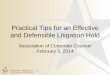Practical Tips for an Effective and Defensible Litigation Hold · Practical Tips for an Effective and Defensible Litigation Hold ... in the determination of whether discovery 