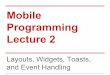 Mobile Programming Lecture 2ww2.cs.fsu.edu/~yannes/lectures/lect02.Layouts.Widgets.Toasts.and... · Event Handling. Views Every UI component in Android is a View. Layouts Layouts
