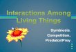 Symbiosis Competition, Predator/Prey Among... · Symbiosis means different species of organisms living together in order to survive. Many organisms develop relationships with 