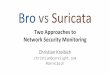 Network Security Monitoring Bro vs Suricata Two … - bro-vs...Bro Suricata Scripting language & eventing Lua scripting (logs and parsers/ detections) Plugins File extraction Comprehensive