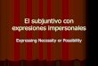 El subjuntivo con expresiones · PDF file El subjuntivo con expresiones impersonales Expressing Necessity or Possibility . The subjunctive is used after the following impersonal expressions