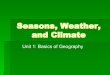 Seasons, Weather, and Climate...SEASONS Earth’s Tilt -Seasons affect the conditions in the atmosphere/create our weather -Because of the earth’s revolution and tilt, different