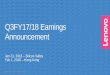 Q3FY17/18 Earnings Announcement - Lenovo · This presentation contains “forward-looking statements” which are statements that refer to expectations and plans for ... •ASP increase