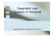 Copyright Law System in Thailand...Infringement Compoundable Offence Penalty Direct Infringement A Fine of 20,000 – 200,000 baht For Commercial Purpose : A Fine of 100,000 – 800,000