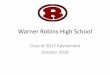 Veterans High · PDF file Warner Robins High School Class of 2017 Advisement October 2016. First Goal: To Graduate WRHS Graduation ... November 5, 2016 Check college admission requirements!