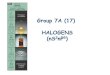 Group 7A (17) HALOGENS (nS nP · Most important halogen Laboratory preparation from MnO 2, NaCl and H 2 SO 4: 2NaCl + MnO 2 + 2H 2 SO 4 Cl 2 + MnSO 4 + Na 2 SO 4 + 2H 2 O Industrial