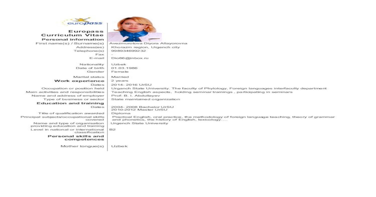 (PDF) Europass Curriculum Vitae - urdu.uz · PDF fileMain activities and