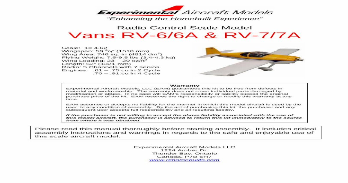 Radio Control Scale Model Vans RV-6/6A & RV-7/7A &middot; PDF fileRadio  Control Scale Model Vans RV-6/6A & RV-7/7A Scale: ... 6/7A RC model kits in  the world. ... Using a lighter engine