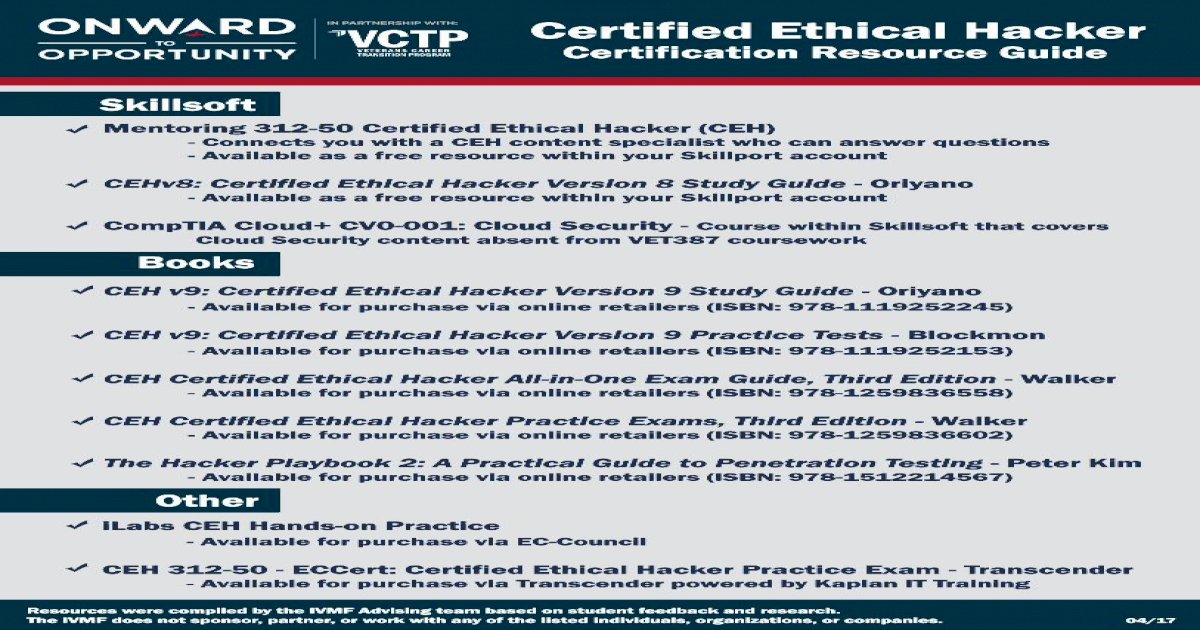 Certification Resource Guide middot; PDF file CEH v9: Certified Ethical  Hacker Version 9 Practice Tests - Blockmon - Available for purchase via  online retailers (ISBN: 978-1119252153) CEH