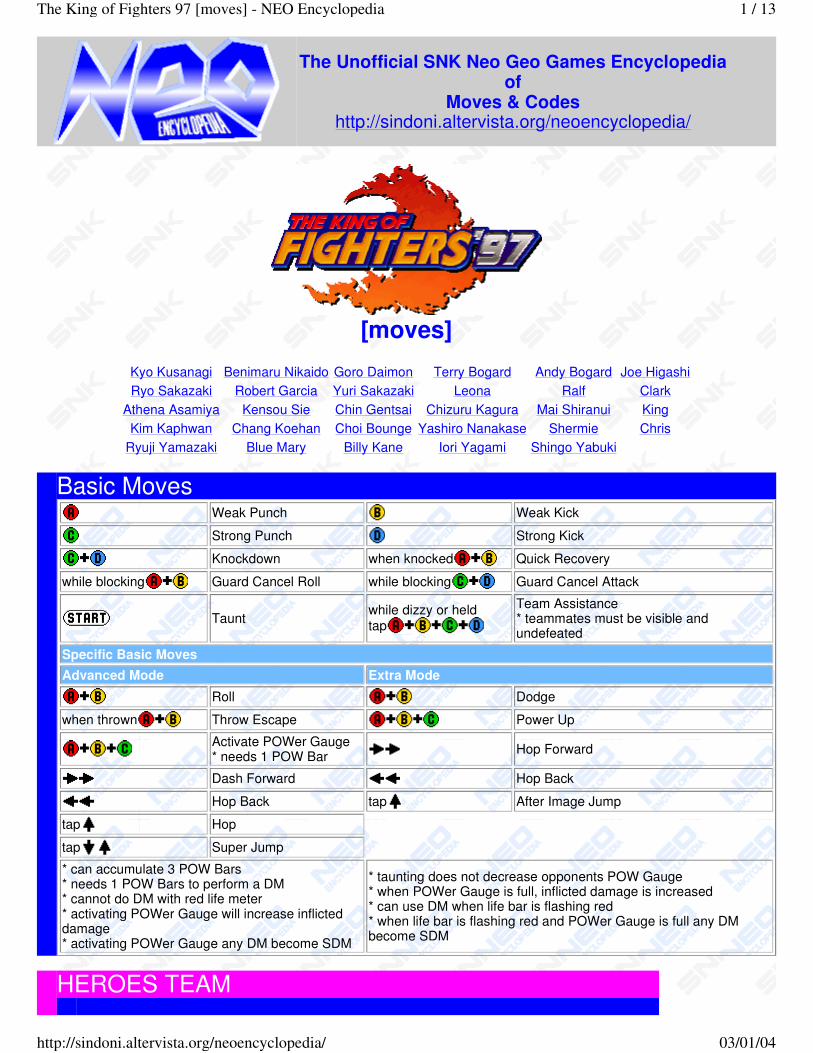 The King of Fighters '97 Plus - Arcade - Commands/Moves 