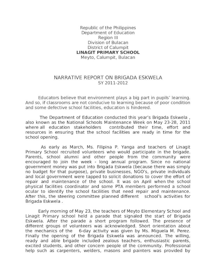 Docx Narrative Report On Brigada Eskwela Dokumen Tips