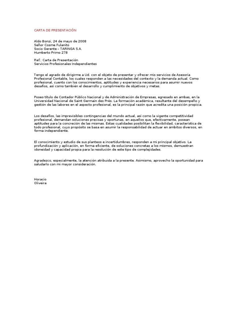 PDF) CARTA DE PRESENTACIÓN SERVICIOS PROFESIONALES INDEPENDIENTES -  