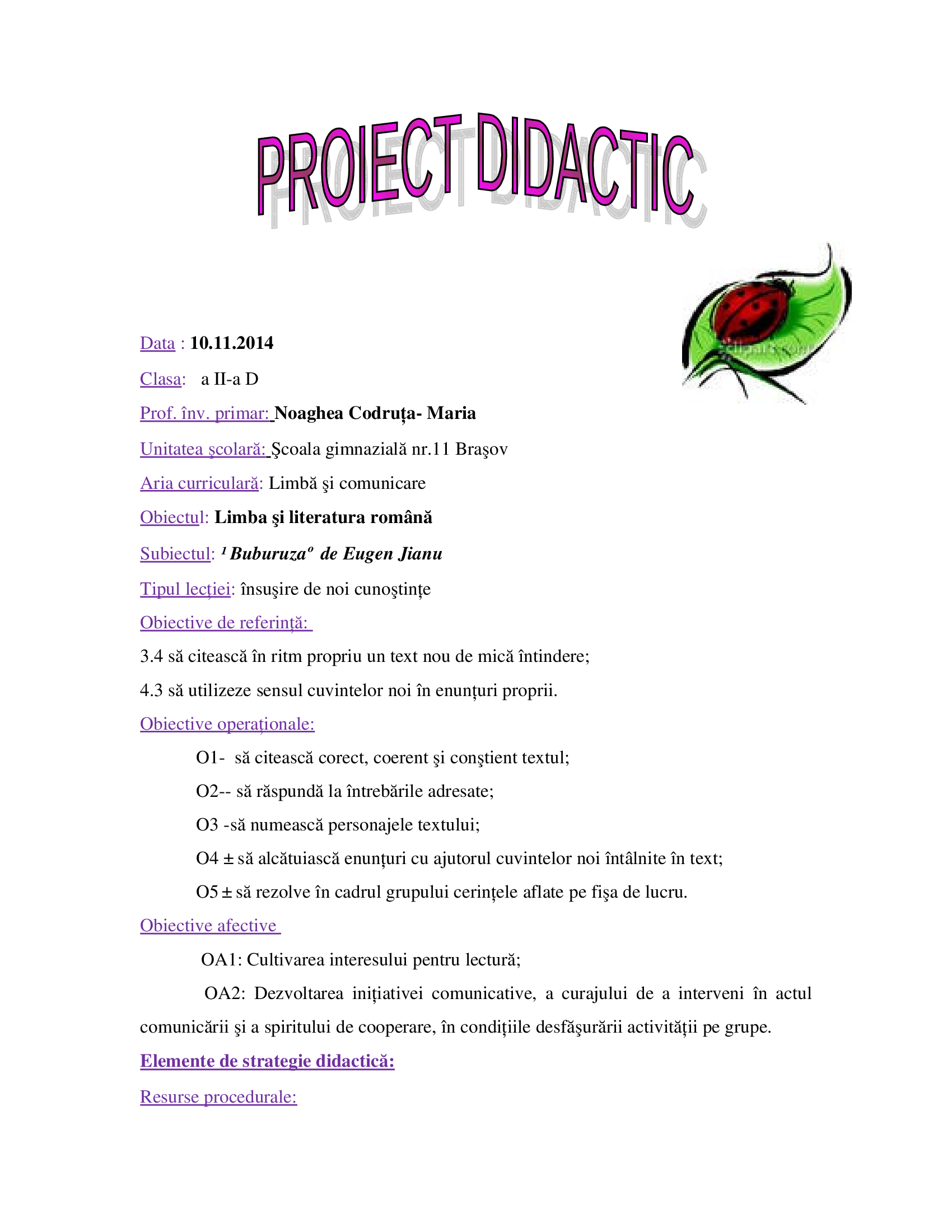 DOC) Proiect didactic clasa a2-a Buburuza - DOKUMEN.TIPS