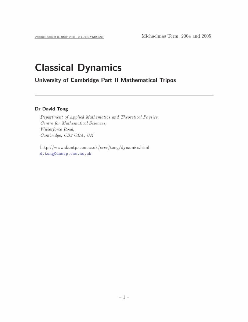 (PDF) Classical Mechanics Lecture Notes David Tong DAMPT Cambridge Univ