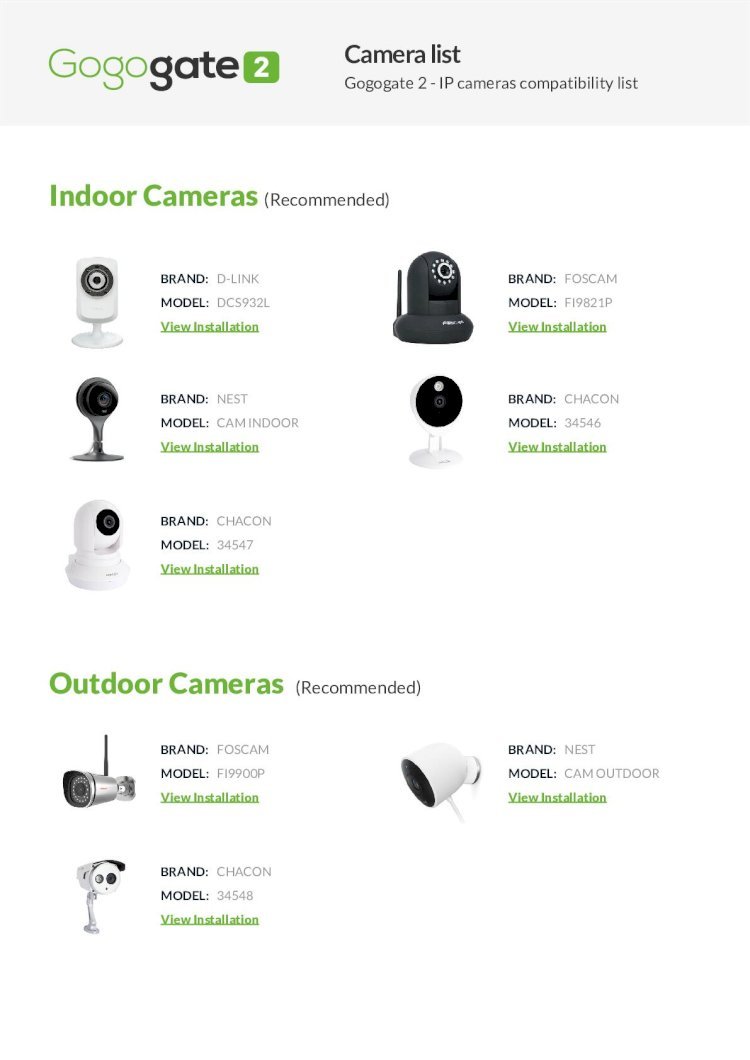 PDF) Outdoor Cameras (Recommended) Gogogate middot; PDF fileCamera list  Gogogate IP cameras compatibility list Indoor Cameras (Recommended)  Outdoor Cameras (Recommended) BRAND: MODEL: