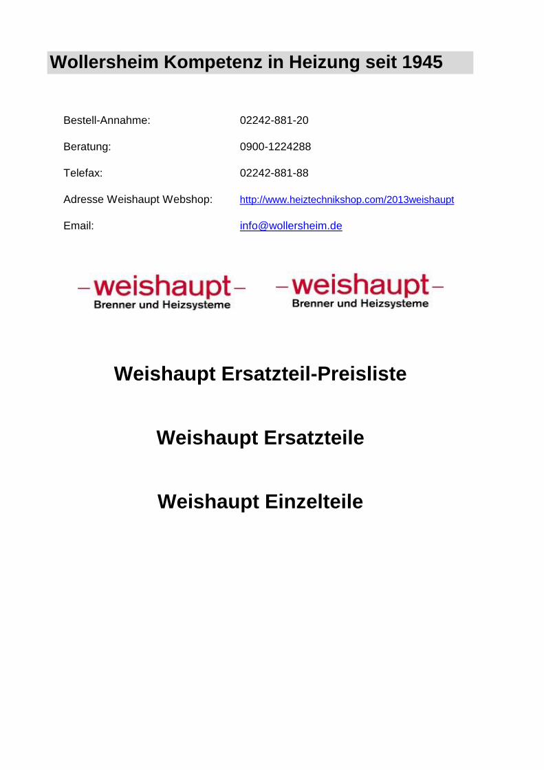 PDF) Weishaupt Ersatzteil-Preisliste Weishaupt Ersatzteile  · PDF  fileMax Weishaupt GmbH, D-88475 Schwendi, Druck-Nr. 250,August 2013  Register 1 – Seite 1 