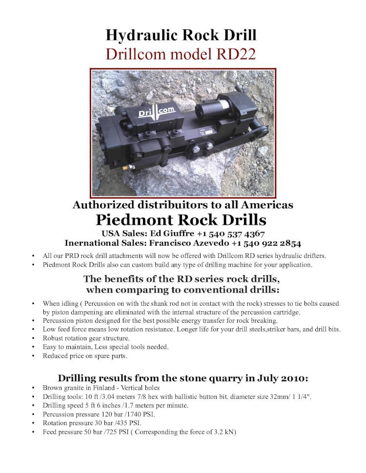 PDF) Hydraulic Rock Drill Drillcom model  RD22piedmontrockdrills.squarespace.com/s/RD22-Brochure_US.pdf · Hydraulic  Rock Drill Drillcom model RD22 Specifications: Metric Imperial Drilling -  DOKUMEN.TIPS