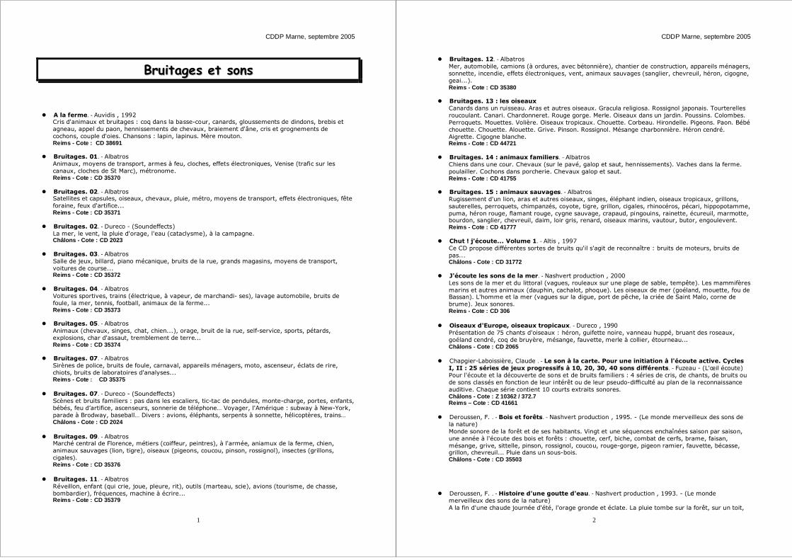 PDF) Bruitages et sons - Réseau Canopé · CDDP Marne, septembre 2005 1  Bruitages et sons A la ferme . - Auvidis , 1992 Cris d&#039;animaux et  bruitages : coq dans la basse-cour, canards, - DOKUMEN.TIPS