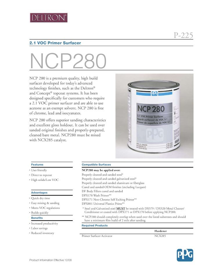 PDF) 2.1 VOC Primer Surfacer NCP280 - Automotive Paint and … · 2.1 VOC  Primer Surfacer NCP280 NCP 280 is a premium quality, high build surfacer  developed for today's advanced technology - DOKUMEN.TIPS
