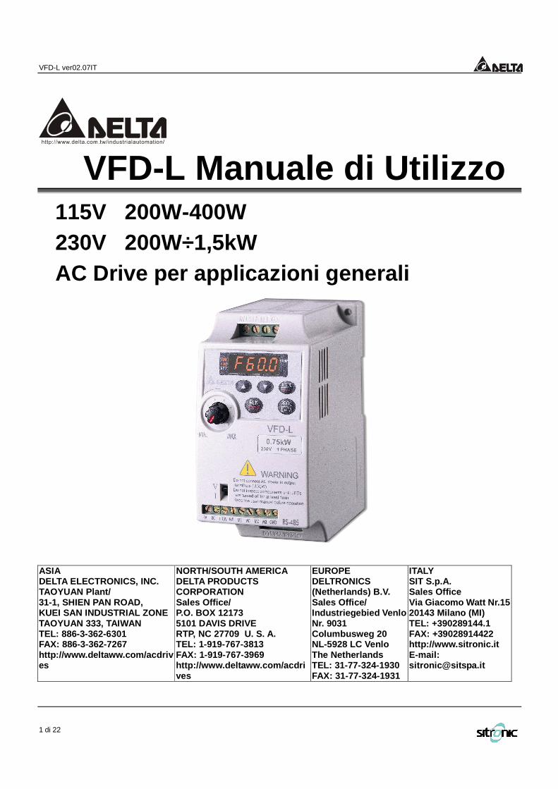 PDF) VFD-L Manuale di Utilizzo - SIT Automation · AC Drive Model Input  Spec. ... Applicable motor capacity Variable Frequency Drive ... Read the  user manual before operation - DOKUMEN.TIPS