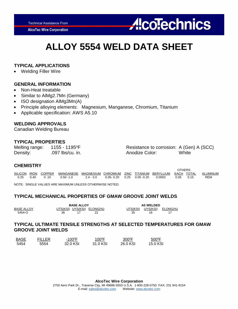 (PDF) ALLOY 5554 WELD DATA SHEET - AlcoTec 5554 WELD DATA SHEET TYPICAL ...