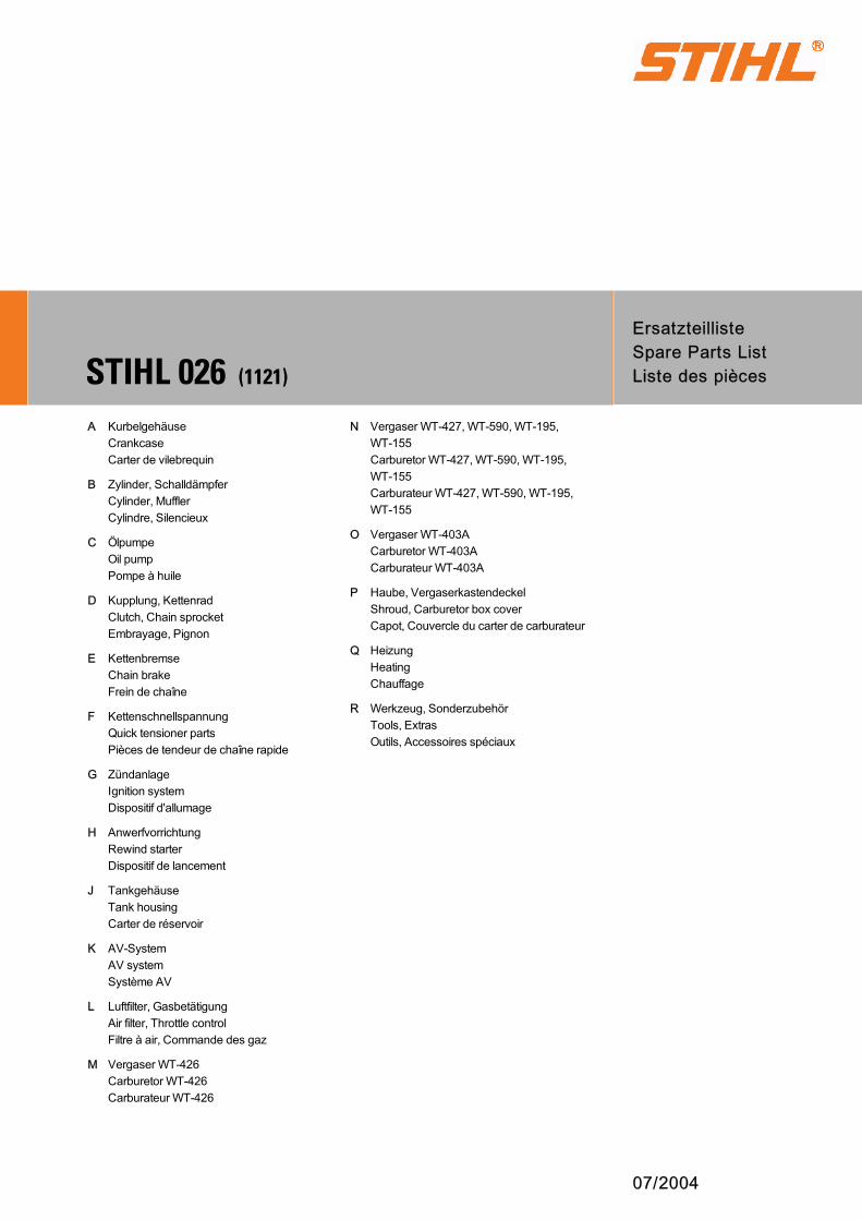 Stihl 026 Chainsaw (026W) Parts Diagram, Air Filter/Throttle Control