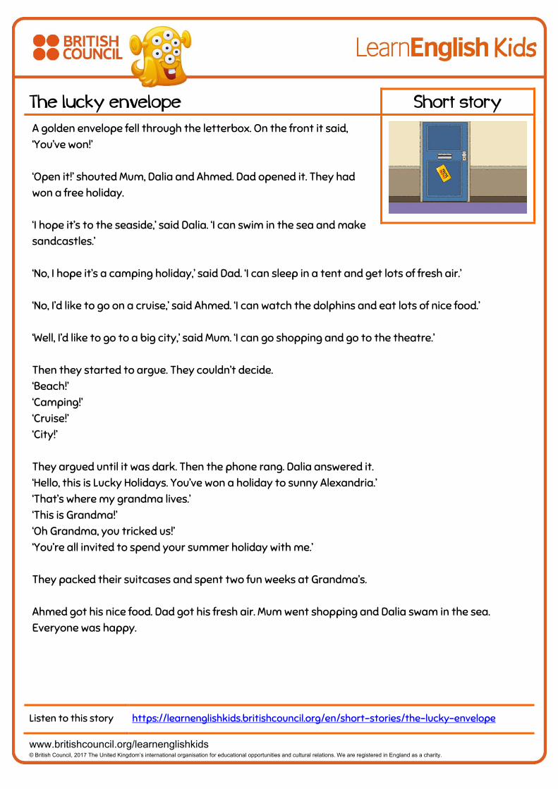 PDF) The lucky envelope Short story - LearnEnglish Kids · The lucky  envelope Short story A golden envelope fell through the letterbox. On the  front it said, 'You've won!' 'Open - DOKUMEN.TIPS